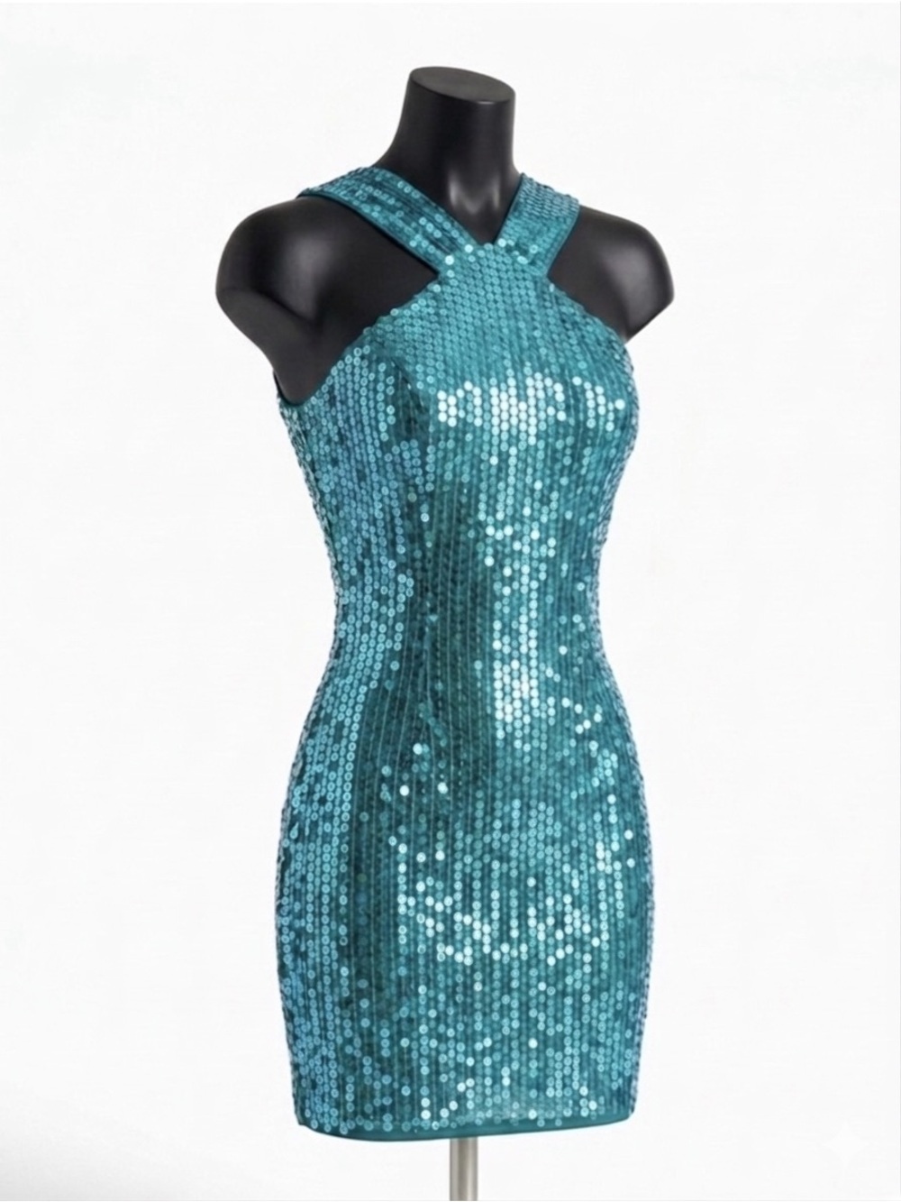 Teal Sequin Halter Mini Dress